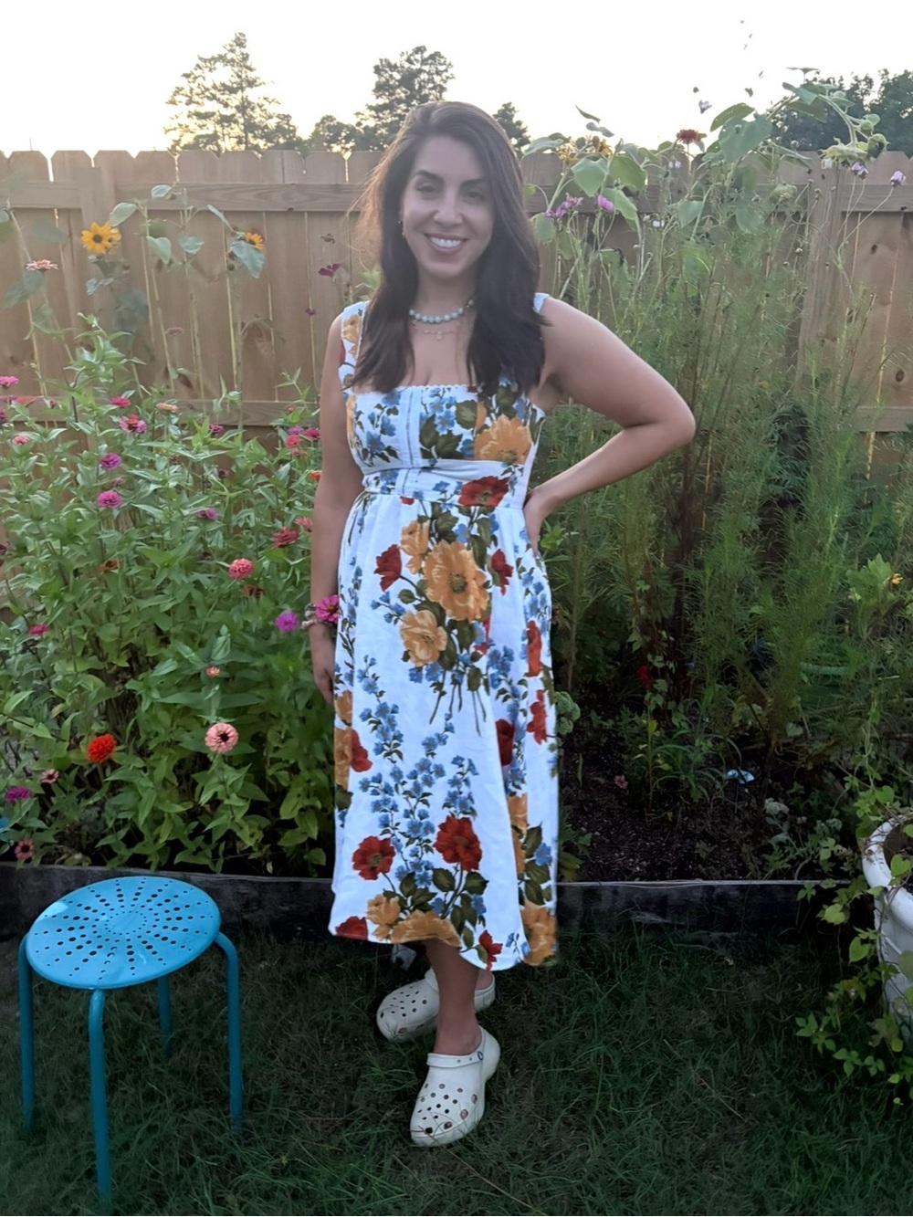 Reformation Linen Corset Bodice White Floral Sundress with Red and Yellow Blooms